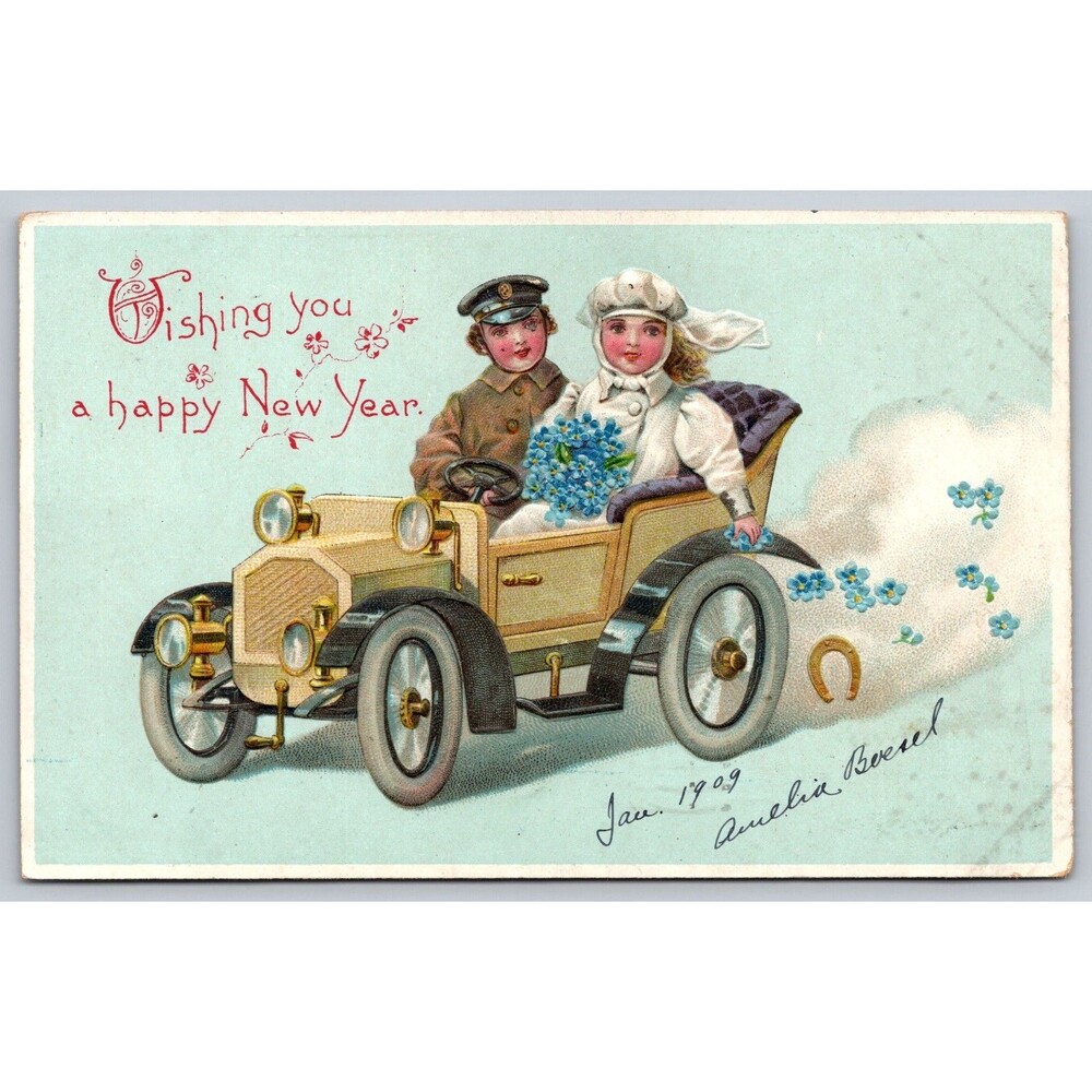 Antique 1908 New Year Postcard Automobile Car c/o M.C. Lilley Co Columbus Ohio
